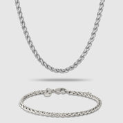 Silberfarbenes Schmuckset bestehend aus einer Wheat-Halskette und einem passenden Wheat-Armband aus 316L Edelstahl mit einem Gesamtgewicht von 18,6 g.